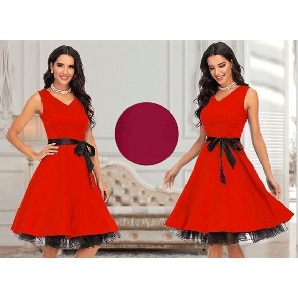 ❤️ Pinup Retro Vintage 1950s 60s Swing Dark Red Rockabilly Dress SIZE M NEW - Picture 8 of 14